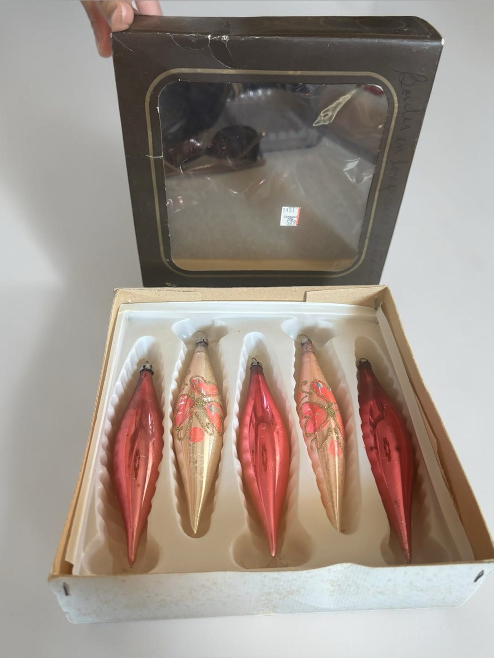 Vintage Czech Glass Teardrop Ornaments Set 5 Alderbrook Pink Gold 5"
